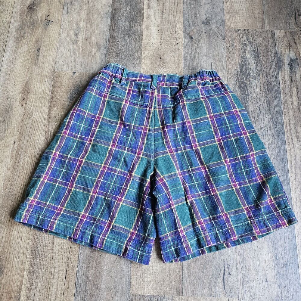 Vintage 90s Plaid High Waisted Bermuda Shorts Green Purple Cotton Kids M 8 - Picture 6 of 8
